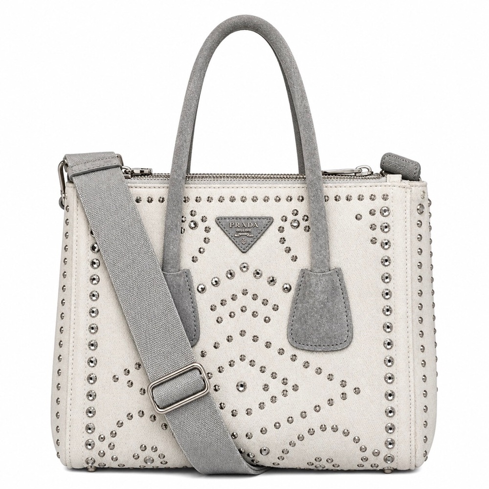 PRADA Canapa Bijoux 2-Way LT Grey Canvas Tote Bag Adorned with Crystals & Studs